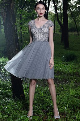 Grau Perlen Spitze Cocktailkleid