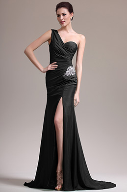 Black One Shoulder High Slit Evening Dress
