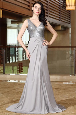 Grey Sequins Prom Evening Dress