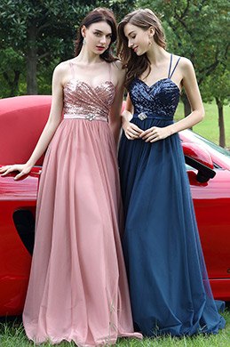 Blue Spaghetti Straps Sequins Bridesmaid Dress