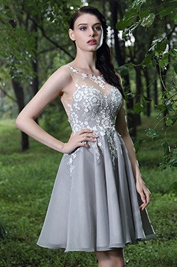 Robe de Cocktail Grise Sans Manche Dentelle