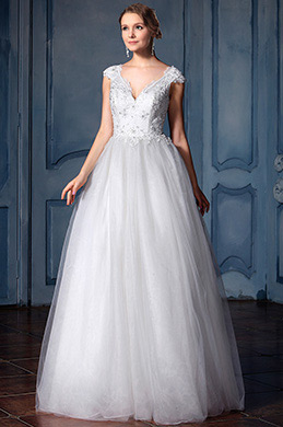 Cap Sleeves V Neckline Beaded Bridal Dress