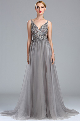 Grey Beaded Lace Long Formal Occasion Dress