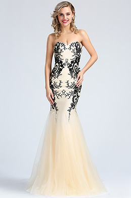 Strapless Beige Beaded Embroidery Prom Dress