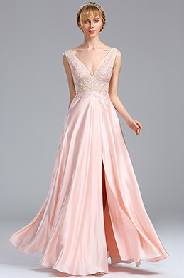 Ärmellos Rosa V Ausschnitt Stickerei Kleid