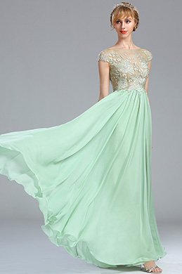 Green Floral Embroidery Beaded Evening Dress