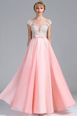 Cap Sleeves Pink Lace Appliques Evening Dress