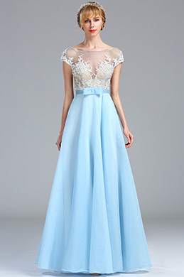 Cap Sleeves Ice Blue Lace Appliques Beaded Gown