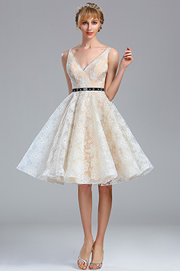 Ivory Plunging V Neck Lace Cocktail Party dress