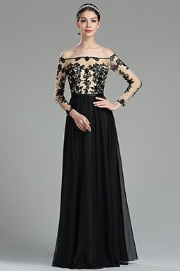 Schwarz Lang Ärmel Spitze Applikation Chiffon Abendkleid Schwarz Lang Ärmel Spitze Applikation Chiffon Abendkleid