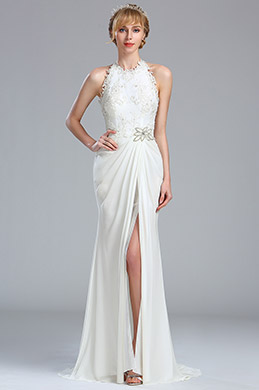 Halter White Beaded Lace Princess Wedding Dress
