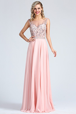 Sleeveless Pink Beaded Prom Evening Dress
