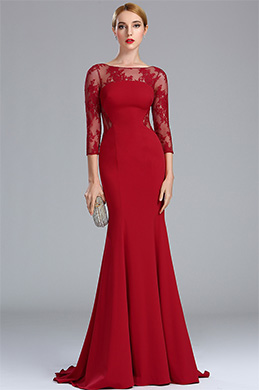 Deep Red Lace Formal Evening Dress with Sleeves