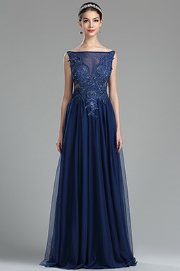 Marineblau Ärmellos Spitze Tüll Abendkleid