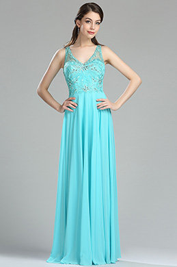 Light Blue Beaded Floral Embroidery Chiffon Dress