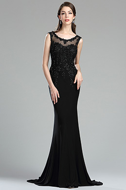 Black Backless Floral Lace Appliques Evening Dress