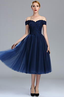 Off Shoulder Blue Lace Cocktail Party Dress