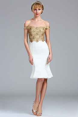 Gold and White Off the Shoulder Tight Lace Sequin Dress