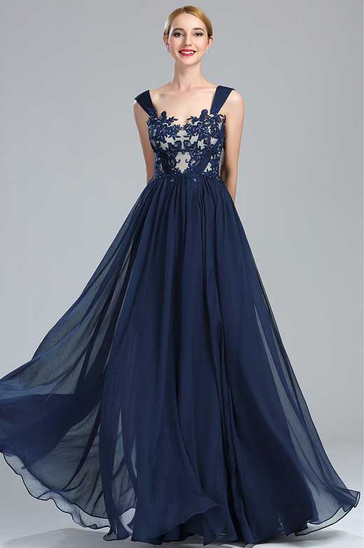 Navy Blue Lace Appliques Long Dress with Pleated Skirt