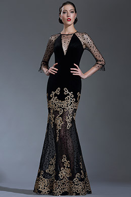 Black Sequin Lace Formal Evening Gown with Sleeves