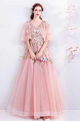 Rosa V-Ausschnitt und Stickerei Party Ball Kleid