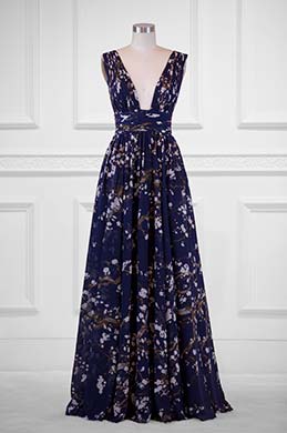Plunging V-Cut Strap Print Floral Evening Dress