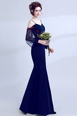 Navy Blue Spaghetti Elegant Sleeves Party Prom Dress
