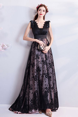 Elégante Robe de Bal Noire En Dentelle et Tulle