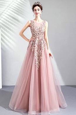 Robe de Soirée Longue Rose Dentelles et Tulle