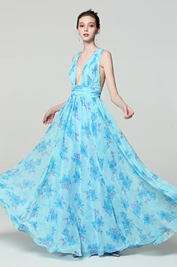Blue V-Cut Strap Print Floral Evening Party Dress