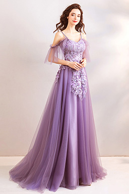 Purple Spaghetti Floral Embroidery Women Party Dress