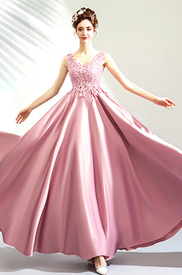Sexy Pink V-Cut Lace Applique Long Formal Party Dress