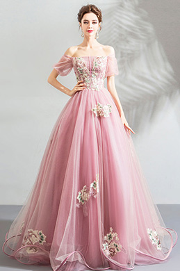 Robe de Soirée Rose à Épaules Dénudées et Broderies