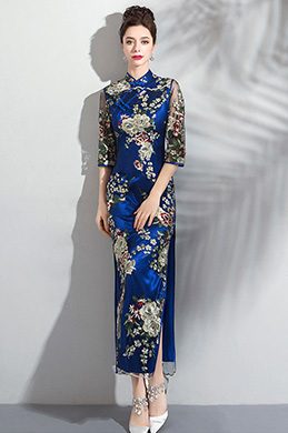 Cuello alto azul estampado bordado fiesta ress
