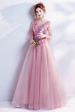 Rosa V-Ausschnitt Stickerei Tüll Party Abendkleid