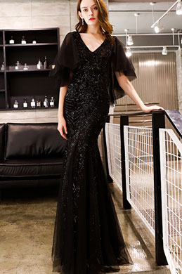 Sexy V-Cut Black Sequins Mermaid Party prom Gown
