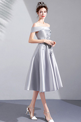 Grau Aus Schulter Spitze Frauen Party Ballkleid