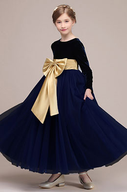 Bowknot Long Velvet Wedding Flower Girl Dress