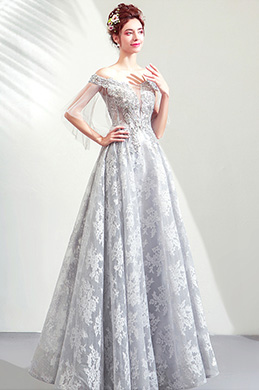 Robe de Soirée En Dentelle Grise Épaules Dénudées