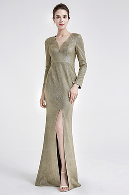 Robe de Soirée V Col Brillante à Manches Longues