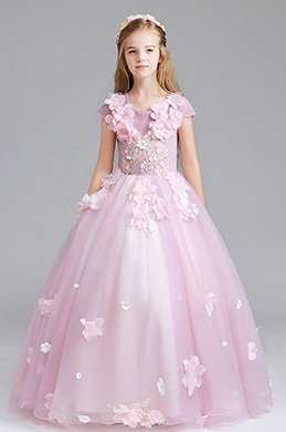 Pink Cap Manches Children Wedding Flower Girl Dress