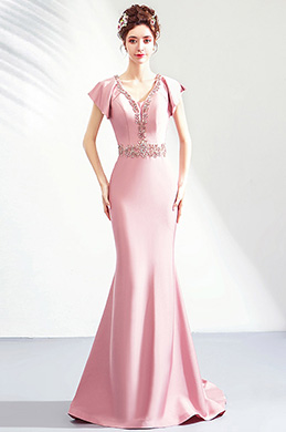 Robe de Soirée Rose Col en V Avec Des Perles