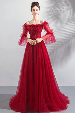 Rot Freischulter Ärmel Party Abendkleid