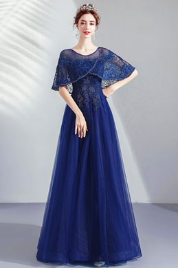 Blue Cape Embroidery Beaded Gown Party Dress