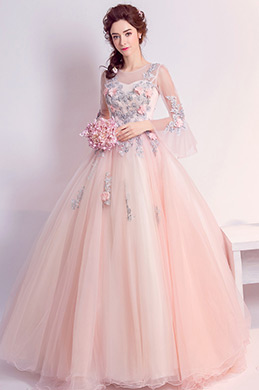 Robe de Soirée Longue En Tulle Rose Avec Broderies