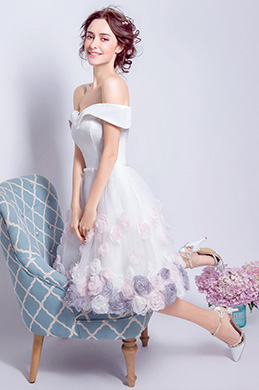 White Off Shoulder Floral Cocktail Party Dress