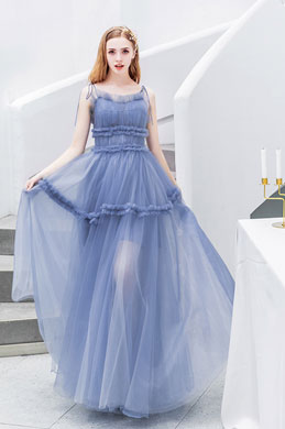 Blue Spaghetti Long Pleated Tulle Women Party Dress