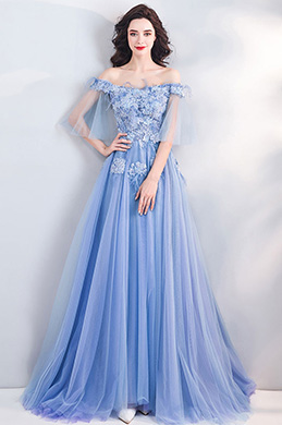 Blue OFF Shoulder Embroidery Prom Evening Dress