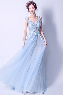 Sexy Light Blue V-Cut Tulle Party Evening Dress