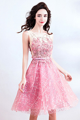 Bright Pink Beaded Cute Cocktail Party Dress